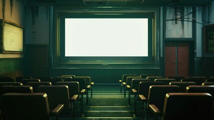 Screen is blank in vacant auditorium