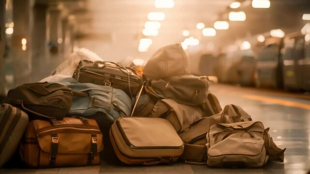 Lost Luggage Pile Amidst the Bustle of a Train Station. Concept Travel Mishaps, Lost Baggage, Chaotic Train Stations, Travel Frustrations, Overwhelmed Travelers