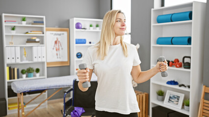 A young, caucasian, blonde woman exercising with dumbbells in a well-equipped rehab clinic room.