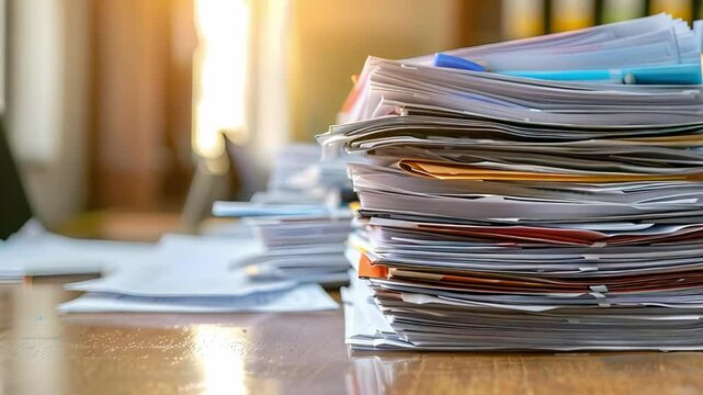 Stack of paper documents on office desk representing business organization and workload. Concept Organized Workload, Office Environment, Paperwork Management