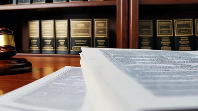 Side view of a stack of document papers on a lawyer's desk, with legal books and a gavel in the background