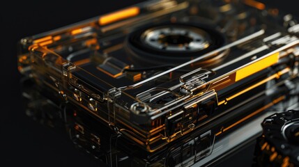 Retro audio cassette player close up, music background