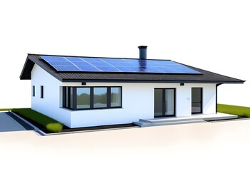 A modern two-story house with a flat roof, solar panels on the roof, and a large window facade, echo-friendly, zero emission, moder, sustainability