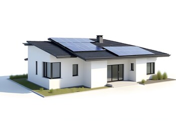 A modern two-story house with a flat roof, solar panels on the roof, and a large window facade, echo-friendly, zero emission, moder, sustainability