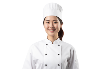 Women chef isolated on transparent background png cutouts. Images for graphic designers. Image for flyers. Topics related to cooking. Cooking world. Job offer. Recruitment..	