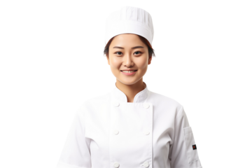 Women chef isolated on transparent background png cutouts. Images for graphic designers. Image for flyers. Topics related to cooking. Cooking world. Job offer. Recruitment..	
