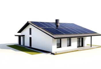 A modern two-story house with a flat roof, solar panels on the roof, and a large window facade, echo-friendly, zero emission, moder, sustainability