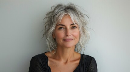 Portrait of beautiful cheerful middle aged caucasian woman with blond hair smiling and looking at camera, white background