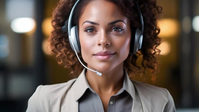 Customer service representative providing support to clients using a headset in a corporate office environment. Concept Customer Service, Headset Communication, Corporate Office, Client Support
