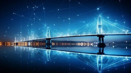 Nighttime smart city lights  bridge over river, technology connectivity in urban environment