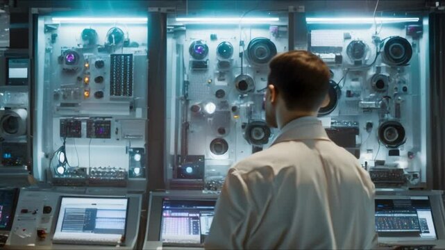 Rear view of engineer operating control panel in blue nuclear power plant. Concept Engineering, Control Room, Nuclear Power Plant, Technology, Industrial Operations