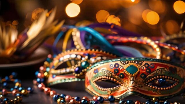 Closeup view of New Years Eve party favors including noisemakers and masks. Concept New Years Eve, Party Favors, Closeup View, Noisemakers, Masks