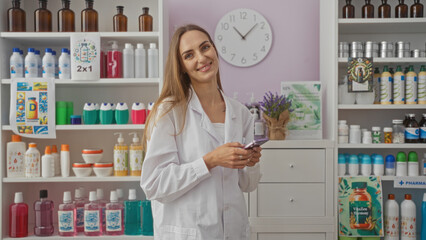 Woman using mobile phone in pharmacy shop with shelves of products in background and clock on wall