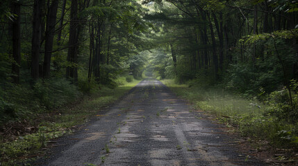 Fototapeta premium Forgotten asphalt path fading into the distance, marked by whispers of time.