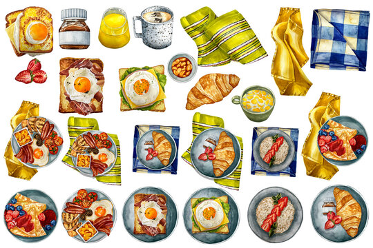 Watercolor hand drawn breakfast illustration. Traditional english breakfast with fried eggs, becon pieces, fresh timatoes and beans in the sauce set. Hand drawn watercolor illustration.