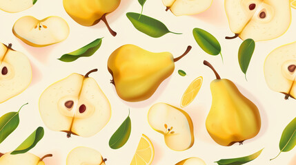 Obraz premium Juicy pear pattern with seamless style. Sweet fruit background. Vector design. Summer freshness for a healthy lifestyle. Perfect for backgrounds, juices, ice creams or packaging.