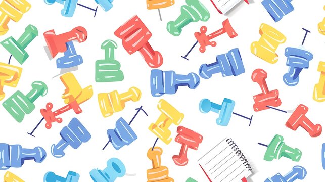 Colorful stationery items including push pins and notebooks on white background
