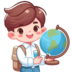 Fototapeta premium Cute smiling cartoon boy is holding a globe.