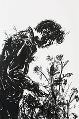 A black and white sketch of a botanist working with plants