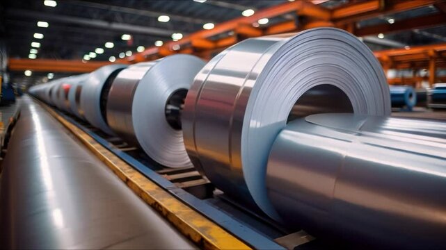 Galvanized sheet steel coils in factory setting for industrial use. Concept Galvanized Steel Production, Factory Setting, Industrial Use, Steel Coils, Manufacturing Process