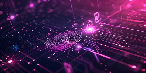 Digital interface with fingerprint scanning and safe symbol for network security, intense purple accents,