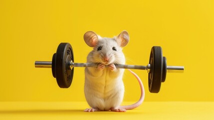 Mouse bodybuilder lifting heavy weight barbell, exercising on yellow background, conceptual and funny gym workout, bodybuilding training