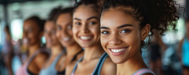 Fototapeta premium Physical Health Exercises Focus on a group engaging in physical health exercises, all smiling and looking at the camera, with a gym background, empty space left for text., 