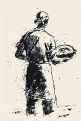 A black and white sketch of a baker