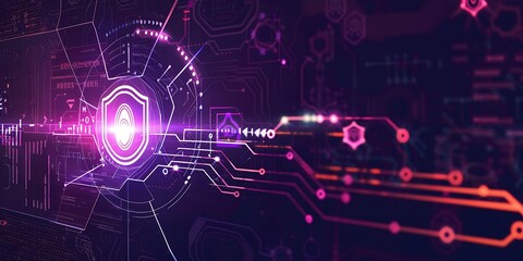 Digital interface with fingerprint scanning and safe symbol for network security, intense purple accents,