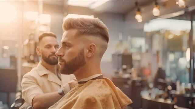 A man having his hair styled at a barber shop. Concept Hairstyling, Barber Shop, Men's Grooming, Haircut Trends, Self-care