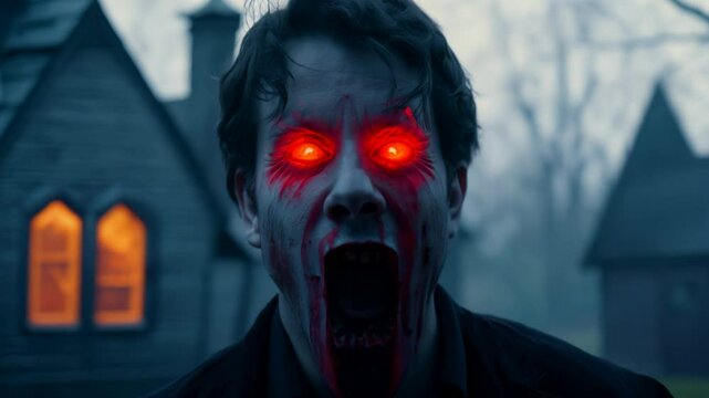 A man with glowing red eyes and blood dripping from his mouth screams in front of a house at night