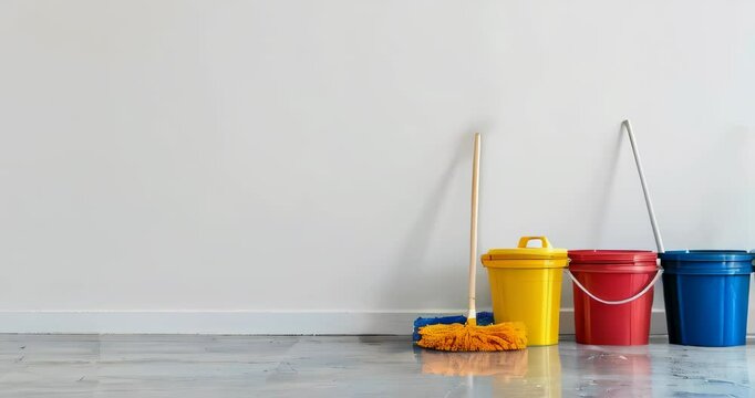 Mops and buckets as part of professional cleaning tools arranged against a white wall. Cleaning company. Copyspace
