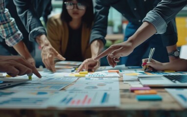 Obraz premium A group of young professionals working together around an office table, pointing at documents and using laptops to create digital marketing materials for their business's website Generative AI