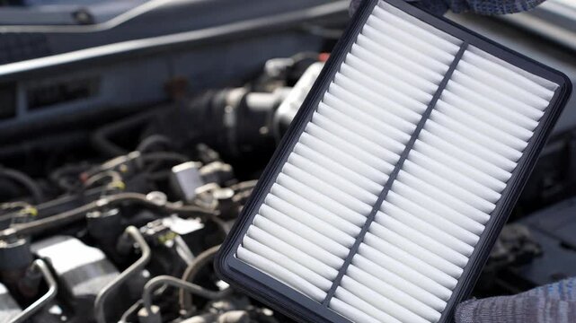 Person holds air filter in front of car engine, checks and replaces it to ensure optimal performance of car. Replacing air filter in a car. Car maintenance and repair.