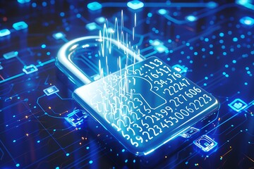 Digital padlock with rapidly changing numbers and letters overlay, representing global internet security, vibrant blue theme,
