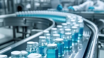 Pharmacist scientist inspects medical vials on conveyor belt in drug factory. Concept Medical Industry, Pharmaceutical Manufacturing, Quality Control, Production Line, Research and Development