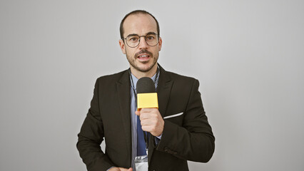 Hispanic man in suit holding microphone against white background portrays a professional speaker or...