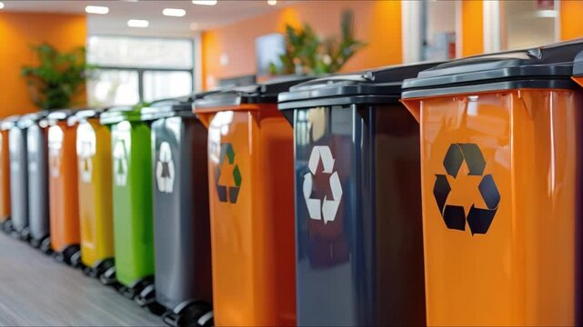Colorful indoor recycling bins made from ecofriendly recycled plastic for offices. Concept Eco-Friendly Office Supplies, Recycling Bins, Indoor Decor, Sustainable Business Practices