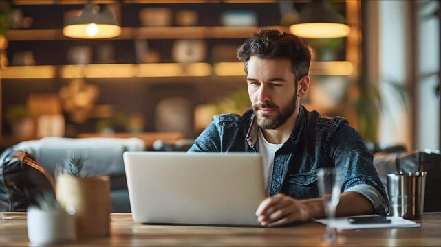 Focused freelancer engrossed in laptop keeping upt. Concept Freelancer Working, Remote Work, Digital Nomad, Home Office Setup