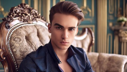 Fototapeta premium Elegant Man Posing On Ornate Chair