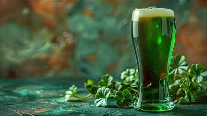 Green beer glass on table with copy space for St Patrick's Day. Concept St Patrick's Day, Green Beer Glass, Table Setting, Copy Space, Festive Decor