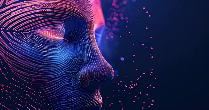 Identity and ethics in AI represented by abstract face with digital fingerprint. AI ethics