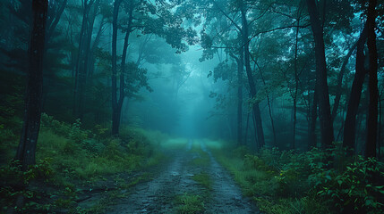 Obraz premium Forêt sombre, ombrageuse et mystérieuse : paysage gothique, romantique sombre et effrayant, forêt d'Halloween avec arbres torturés et brume