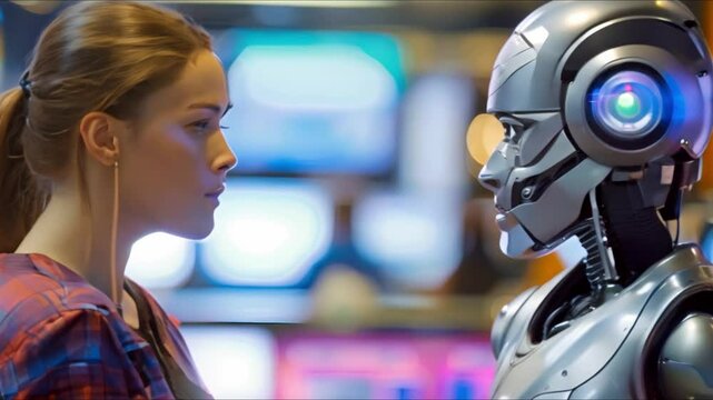 A robot is interviewing a human during a job interview. Concept Job Interviews, Human-Robot Interaction, Artificial Intelligence, Employment, Technology in Recruitment