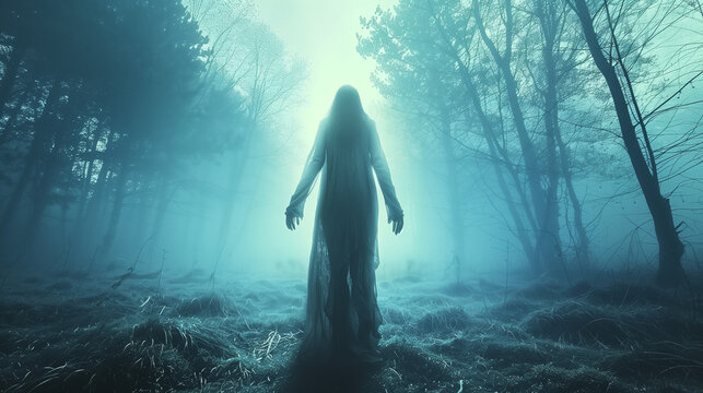 La Dame Blanche : silhouette f&eacute;minine drap&eacute;e de noir dans une for&ecirc;t sombre et brumeuse : un spectre ou fant&ocirc;me au milieu des arbres, paysage sombre, fantastique et horrifique