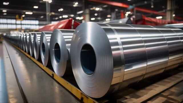 Galvanized steel sheet rolls used in an industrial environment. Concept Industrial Metal Fabrication, Galvanized Steel Usage, Manufacturing Materials, Steelworking Practices
