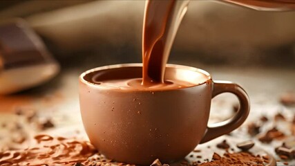 Pouring Hot Chocolate: Steam Rising from a Cup. Concept Hot Chocolate, Beverage Photography, Steam Rising, Drink Art, Comforting Drink