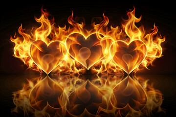 Fototapeta premium Three hearts are lit up in flames, creating a fiery and passionate atmosphere. The flames seem to be dancing around the hearts, emphasizing their intensity and beauty. Concept of love, desire