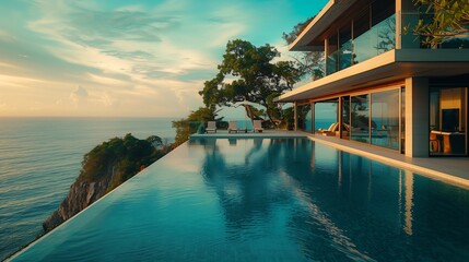 Fototapeta premium A modern villa with an infinity pool overlooking the sea