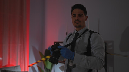 A young hispanic man with a beard acts as a detective photographing an indoor crime scene, wearing gloves for evidence preservation.